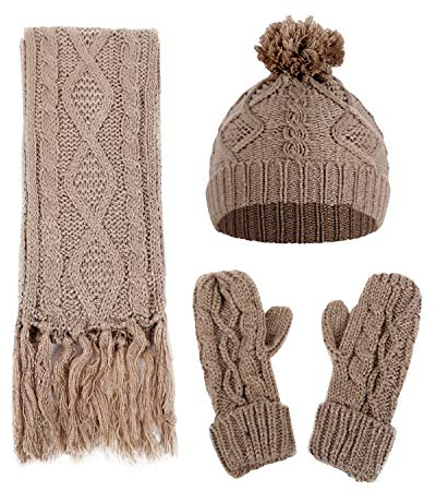 Petalum 3 in 1 Damen Schal Strickmütze und Handschuhe Set Zopfmuster Strickschal mit Bommelmütze und Handschuhe