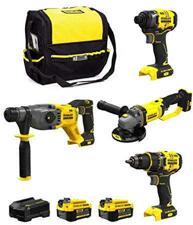 STANLEY FatMax Kit SVK20424A (Taladro Atornillador SFMCD720 + Martillo SFMCH900 + Atornillador de Impacto SFMCF810 + Mini-Amoladora SFMCG400 + 2 Baterías de 4,0 Ah + Cargador + Bolsa M)