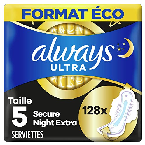Always Ultra Damenbinden, Größe 5, Extra Secure Night, 128 Binden mit Flügeln, sehr reichlich fließende Nacht, Eco-Format, maximaler Komfort, super saugfähig und ultradünn