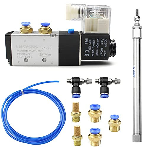 Suaywo Electric Pneumatic Solenoid Valve 5 Way 2 Position CE and Double Acting Thin Air Cylinder, Blue PU Pneumatic Hose, Pneumatic Muffler, Air Hose Fitting