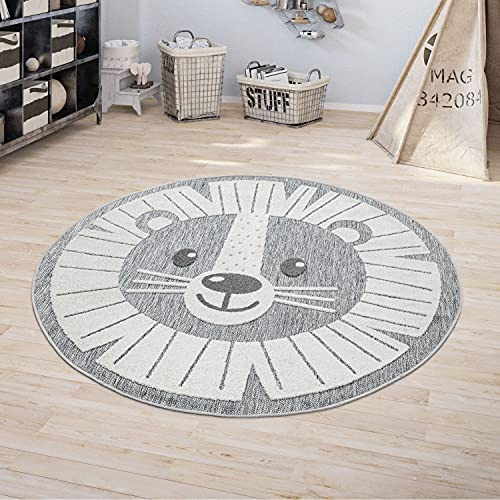 Paco Home Kinderteppich Kinderzimmer Outdoorteppich Rund Spielteppich 3D Effekt Löwe Grau, Grösse:Ø 200 cm Rund