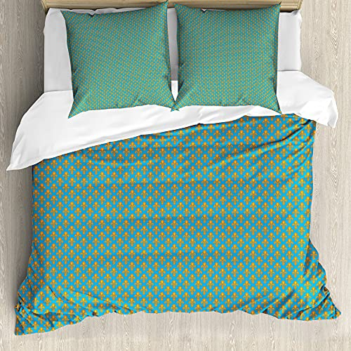 ABAKUHAUS Fleur De Lis Bettbezug Set für Einzelbetten, Königliche heraldische Lilien, Milbensicher Allergiker geeignet mit Kissenbezug, 155 cm x 200 cm - 80 x 80 cm, Orange Sea Blue