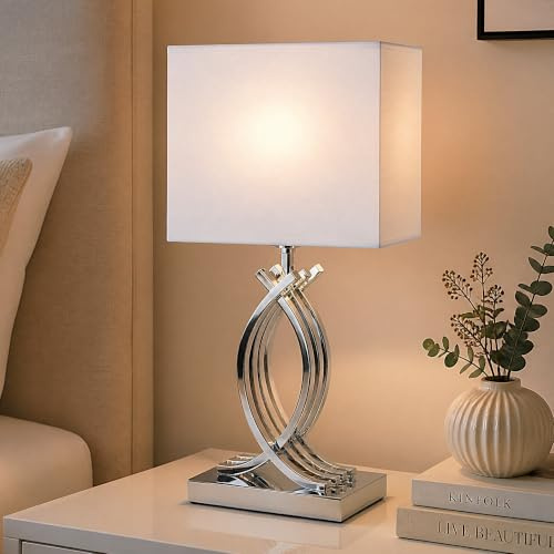 Arnusa Design Tischlampe Chrom Silber Nachttischlampe 50 x 22 cm mit weißen eckigen Schirm Tischleuchte silberfarben E27