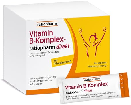 Vitamin B-Komplex-ratiopharm direkt: Alle 8 B-Vitamine auch für Vegetarier. Direktpulver mit Pfirsichgeschmack ohne tierische Inhaltsstoffe bei Mehrbedarf an B-Vitaminen, 40 Beutel