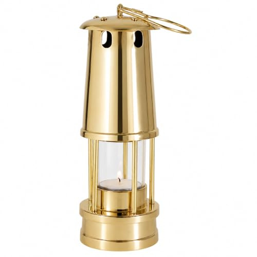 Windlicht Grubenlampe H1eWtal Messing massiv poliert, Handarbeit, mit Maxi-Teelicht und Aufhängehaken, Leuchtdauer ca. 8 Stunden, Höhe 21 cm, Durchmesser 75 mm, Gewicht 830 g