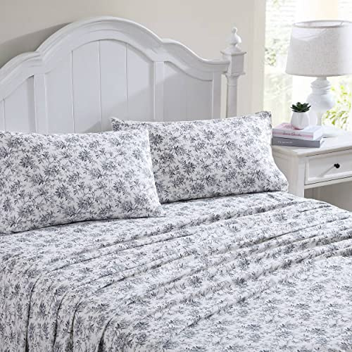 Laura Ashley Home - Sábanas Queen, Juego de Cama de Franela de algodón, Cepillado para Mayor suavidad y Comodidad (Black Faye Toile, Queen)