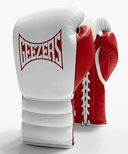 Geezers Boxing Hammer Training/Sparring Boxing Gloves 2.0, Laced Gloves, Mens Womens Boxing Lace up Gloves, Ideal for Punch Bag, Sparring Training and Mitts Pads Workout. (16oz, White/Red)