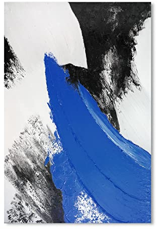 YPY Blaue abstrakte Leinwand-Wandkunst: Modernes minimalistisches Schwarz-Weiß-Bild, Handfarbe, strukturiertes Ölgemälde, Poster für Wohnzimmer, Schlafzimmer, Badezimmer, Wanddekoration, 40.6x61 cm