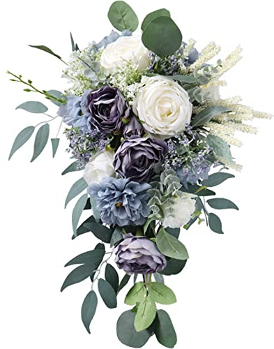 Fouriding Hochzeit Bouquet, Wasser Tropfen Wasserfall Braut Künstliche Blumen für Zeremonie, Jahrestag, Brautdusche, Party und Dekoration (Nebliges Blau)