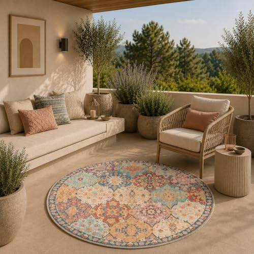 the carpet Palma - Outdoor Teppich wetterfest – Balkon Teppich, Terrasse & Garten – UV-beständig, pflegeleicht, Indoor Outdoor Teppich, Mehrfarbig, Bunt, 120 cm Rund