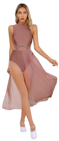 JEATHA Vestido de Danza Ballet para Mujer sin Manga Maillot con Falda Tul Leotardo Gimnasia Rítmica Vestido de Danza Lírica y Contemporánea XS-XXL Y Marrón Claro S