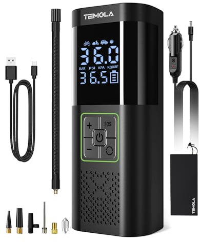 TEMOLA Elektrische Luftpumpe Akku, 150PSI Tragbare Kompressor Auto, DC12V Luftpumpe Elektrisch mit Autostop und Notbeleuchtung, Akku Kompressor mit fünf Typen ventile für Auto, Motorrad, Fahrrad,Bälle