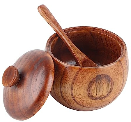 Caja de Sal de Madera, Azucarero y Salero Tarro de Especias Salero de Madera con Tapa y Cuchara Cuenco de Azúcar para Pimienta Recipiente para Condimentos Soporte para Servir en la Cocina (1Pcs)
