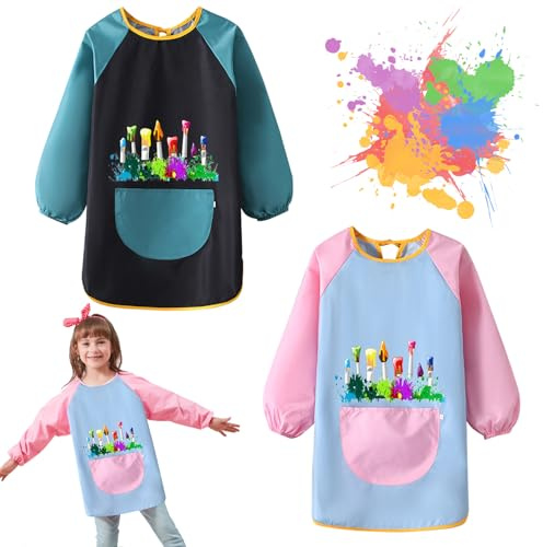 Braleto 2 Stück Malschürze Kinder Wasserdicht Malkittel einstellbar Bastelschürze Kinder mit Ärmeln für 5-12 Jahre Mädchen/Junge für Schule, Kunst, Zeichnen, Kochen (M)