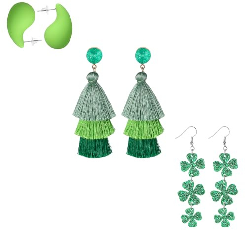 JewelryWe Pendientes San Patricio Mujer: Aretes de Moda Verde de Borla Gota de Agua Clover para Niña Acrílico Acero Inoxidable 3 Pares Hipoalergénico Antialérgico - Para Uso Diario Festivos Regalo