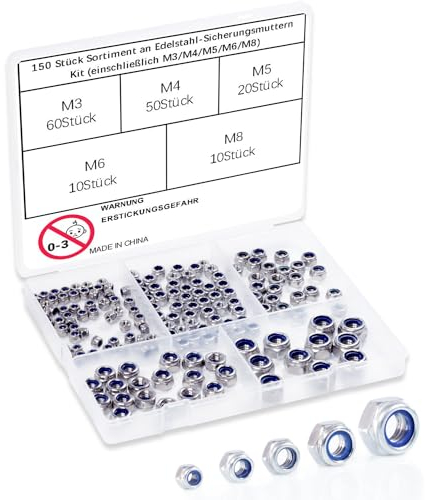 150-teiliges Sortiment an Sicherungsmuttern, M3 M4 M5 M6 M8 Sicherungsmuttern, 304 Edelstahl Nylon-Einsatz Sechskant-Sicherungsmuttern, Sechskant-Antrieb