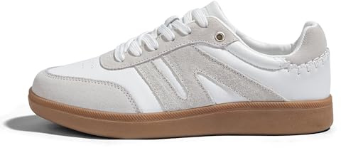 LUCKY STEP Women Classic Retro Gum Sole Fashion Sneakers Casual Tennis Skate Shoe Genuine Leather Walking Footwear Anti Slip Trainers(White/Grey,7)