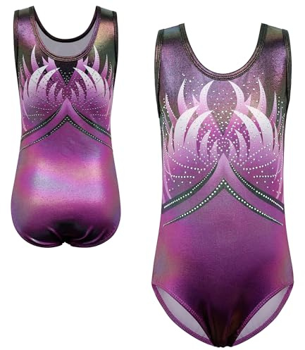 XFGIRLS Gymnastikanzug für Mädchen, ärmellos, glitzernd, Turnanzug, Gymnastik, athletischer Turnanzug, Mädchen, Ballett, Tanz, Gymnastik, Turnanzug, 5–14 Jahre, schwarz / lila, 9-10 Jahre