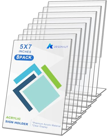 DESONAUT 8 Pack Slant Back Acrylic Sign Holder 5x7 inches, Clear Plastic Picture Frames, Desktop Tabletop Flyer Menu Holder Document Holder Paper Display Stand（Vertical）