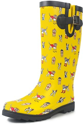 landchief Rain Boots for Women, Waterproof Ladies Tall Knee High Rubber boots,Comfort Garden Boots Anti-Slip Mid Heel Women Rain Shoes Outdoor,Yellow Dog,9