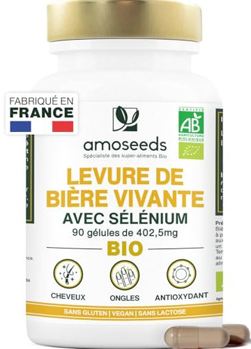 Levure de Bière Active BIO | Cheveux et Ongles | Levure Vivante, 1200mg / jour, Sans Gluten | Enrichie en Sélénium | 90 gélules vegan | Fabriqué en France | Qualité Supérieure