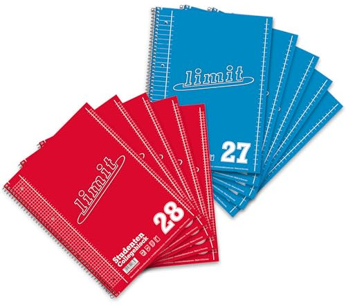 Limit Collegeblock A4 80 Blatt, 5 kariert und 5 liniert mit Rand, 10 Stück - ideal für Studenten, Schüler und Büro