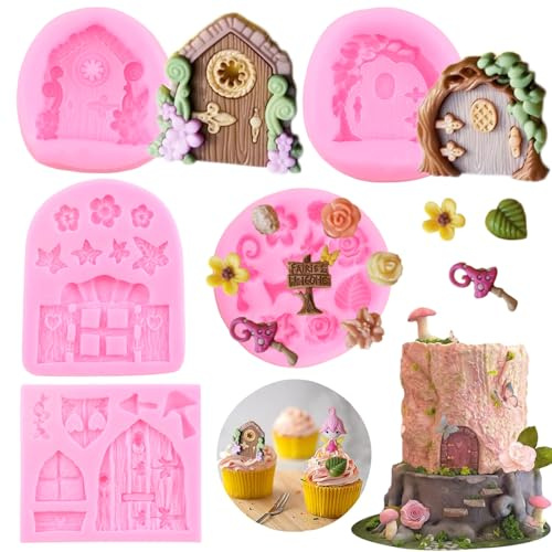 RFGHAC Fairy Garden Silicone Moulds Vintage Fairy Gnome Front Door Window Chocolate Fondant Cake Cupcake Topper Candy Polymer Clay Gum Paste 5 Set