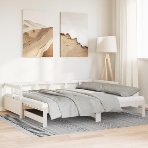 Homgoday Schlafsofa mit Rollen und Matratze, weiß, 90 x 190 cm, Kiefernholz, Sofabett, Schlafsofa, Bettrahmen, Bettgestell