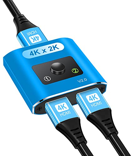 HDMI Switch 4K@60Hz, Bi-Directional 2 in 1 Out / 1 in 2 Out, Aluminum Design, HDMI Switcher Supports 3D, 1080P, Compatible with TV Box, Laptop, PS3/4/5, DVD (Cable Not Included) - Blue