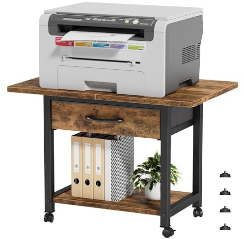 OYRREU Druckertisch mit Rollen, 56x38cm Mobiler Druckerständer Schreibtisch mit Stoffschublade, Home Office Druckerhalter Büro Druckerwagen Drucker Regal, Printer Stand, Industrie Holz