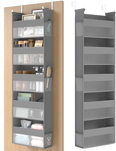 SONGMICS Over the Door Organiser, Hanging Door Organiser with 5 Large Pockets, 5-Tier Fabric Storage, Transparent Nylon Mesh, Foldable, Metal Hooks, with Side Pouches, Dove Grey RDH007G01