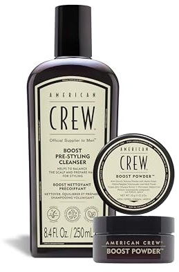 American Crew - Rutina Volumen para Hombres con Cabello Fino, Champú Previo al Peinado Boost Pre-Styling Cleanser 250 ml + Polvo Voluminizador Boost Powder 20g
