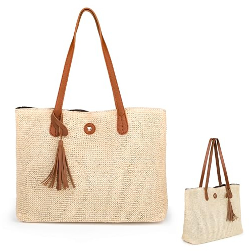 Tunejoy Borse di Paglia a Mano Borsa da Spiaggia Estiva Tote Grande Capacità Estate Tessitura Beige per Donna Ragazze Viaggi Vacanze Uso Quotidiano Esterno Appuntamento con Manico in Pelle Fibbia
