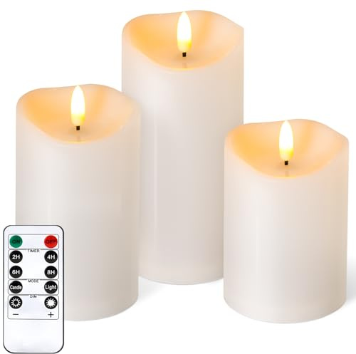NURADA Outdoor Flameless Candles with Remote Timer - Waterproof Realistic Flickering LED Pillar Electric Battery Operated Fake Candle for Holiday Home Wedding Fireplace Decor - 3 Pack Ivory White