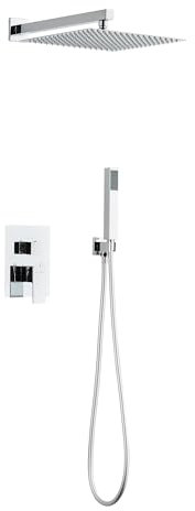 Cofan Ensemble de douche encastré avec finition chromée | Conception carrée | Pulvérisateur avec 2 fonctions | Douche mitigeur 2 voies | Installation murale | Pulvérisateur et poignée inclus