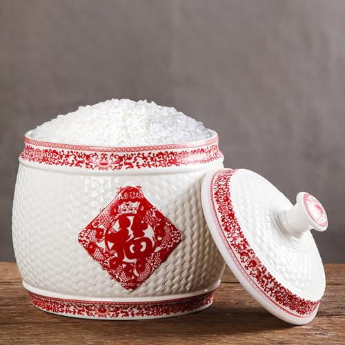 Ceramic Rice Container with Airtight Lid,Ceramics Bucket Rice Dispenser 2.5kg to 15kg,Food Containers Jar,Bucket Large Grain Dispenser,Ceramic Jar for Kitchen(Capacity: 15kg/33lb)