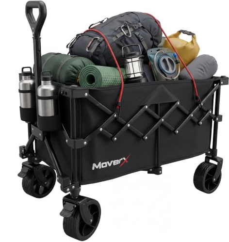 MoverX 120L Festival Trolley on Wheels, Folding Wagon, Portable Camping Cart, Collapsible Foldable Trolly for Beach Outdoor Garden Picnic Shopping Fishing, Wide Wheels, Adjustable Handle, Black