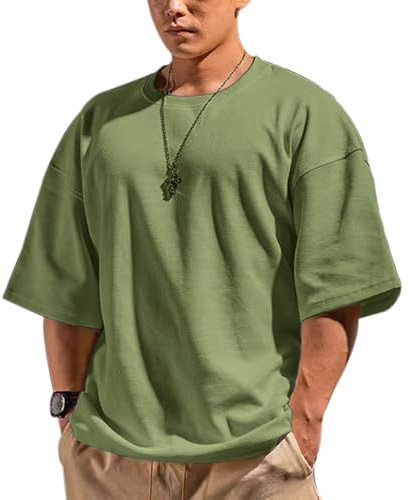 Herr basic kortärmad våffeltröja lös passform träning pullover rund hals skjorta, T3318 Grön, M