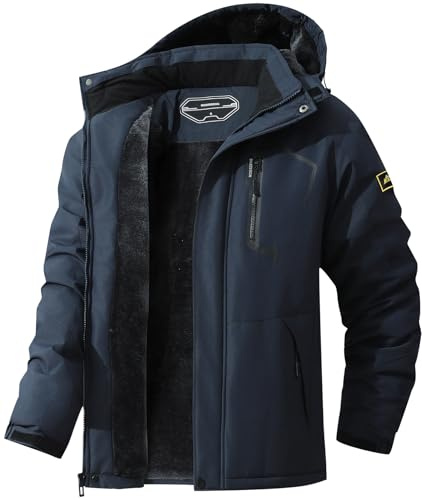 MAOYSSEN Chaqueta de esquí para hombre, chaqueta de invierno, abrigo impermeable, cortavientos, algodón, forro polar, bolsillos multifunción, azul oscuro, L