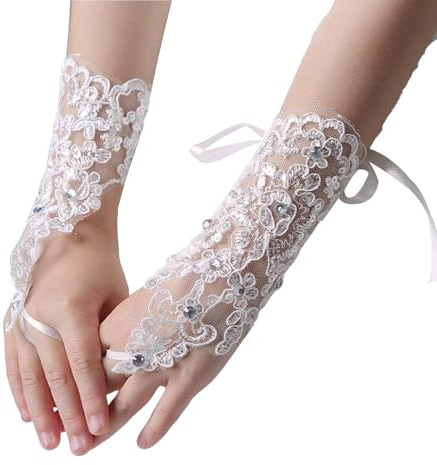 KinetiCore Girls White Lace Fingerless Gloves, Floral Princess Gloves for Kids 3-10 Years, Flower Girl Wedding, Birthday Party, Costume Dress Up & Stage Performance