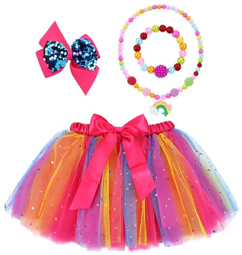 Dizila Glitter Star Layered Fluffy Tulle Tutu Skirt Princess Ballet Dance Dress with Bow Hair Clip for Toddlers Kids Little Girls Hot Pink
