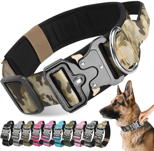 Viugex Hundhalsband justerbart med kontrollhandtag, taktiskt nylonhundhalsband med metallspänne, hållbart, väderbeständigt och bekvämt, för valpar små medelstora stora hundar (kaki kamouflage, L)