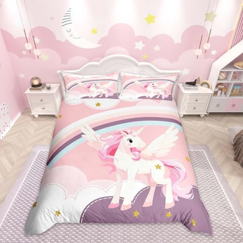 Homemissing Girls Cute Unicorn Duvet Cover Set Single Size For Kids Teens Rainbow Unicorn Bedding Set Dreamy Horse Printed Duvet Cover with 1 Pillowcase Star Print Bedding