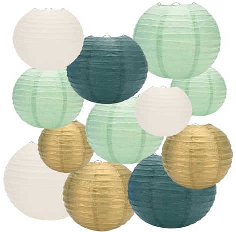 KICNIC Papier Lampions, 12 Stück(Grün Salbeigrün Weiß Gold) | Papierlampion, Papierlaterne, Runde Hängende Lampenschirm, Laterne Deko, Geburtstag, Hochzeit, Party, Karneval, Gartenparty