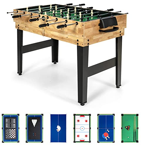 GYMAX Set Tavolo Multigioco con Calcio Balilla10 in 1, Tavolo da Gioco per Bambini e Adulti con Calcio Balilla, Hockey, Tennis da Tavolo, Biliardo, Shuffleboard, Bowling e 4 Giochi da Tavolo