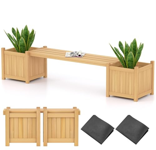 RELAX4LIFE 3 en 1 Banco Exterior Jardín de Madera de Abeto con 2 Jardineras, Jardineras Huerto Urbano con Forro para Patio y Terraza (Natural, 169x35x35cm)