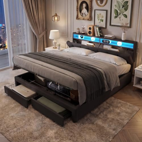 BLSYHDH Cama con Almacenamiento HidráUlico 180x200,Cama Doble Tapizada con LED,Camas Acolchadas con 2 Cajones,Cama Funcional Juvenil,Camas Matrimoniales (Gris+Lino-A)