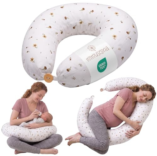 MIMUSELINA Coussin de Grossesse et Coussin Allaitement 100% Coton | Format XXL 200 x 70 cm | Coussins d'allaitement de Maternité Multifonction avec Housse Amovible et Lavable | Blanc avec des Fleurs