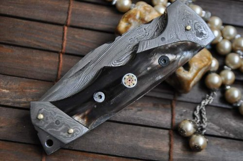 Custom made All Damascus Pocket Knife Horn handle