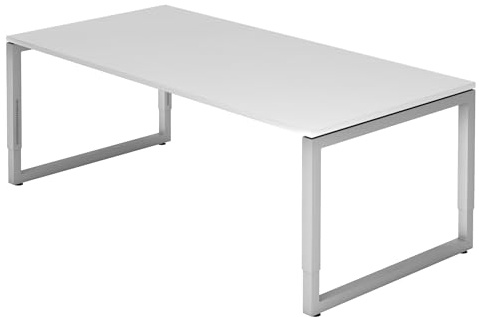 bümö höhenverstellbarer Schreibtisch R-Serie 200x100 cm in weiß, Gestell in Silber - großer PC Tisch für's Büro manuell höhenverstellbar, Computertisch verstellbar
